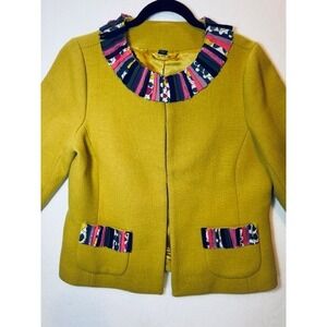 Boden Blazer Womens 14 Yellow Mustard Wool‎ Blend Ribbon Accent Jacket blazer
